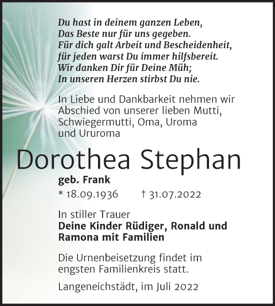 Traueranzeige von Dorothea Stephan von Trauerkombi Merseburg
