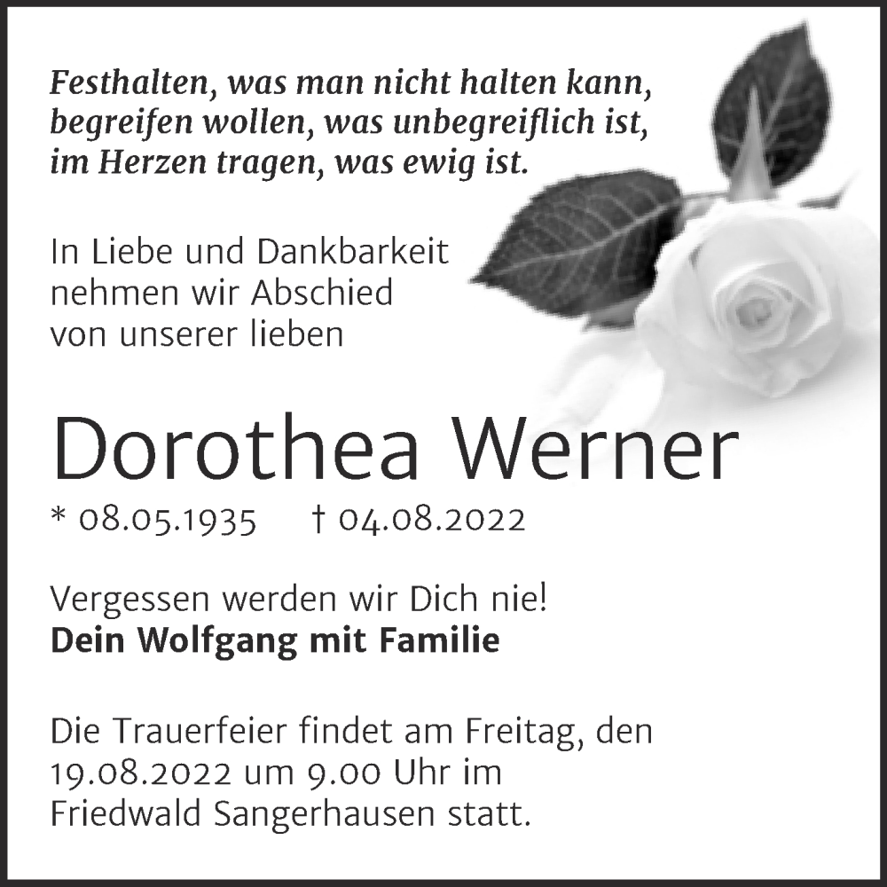  Traueranzeige für Dorothea Werner vom 17.08.2022 aus Trauerkombi Sangerhausen