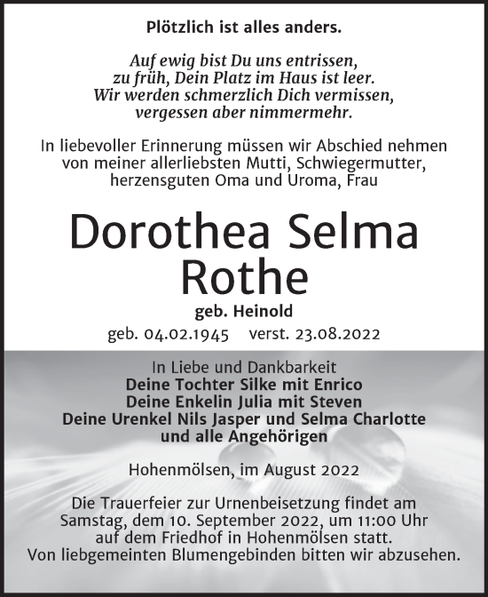 Traueranzeige von Dorothea Selma Rothe von Trauerkombi Weißenfels