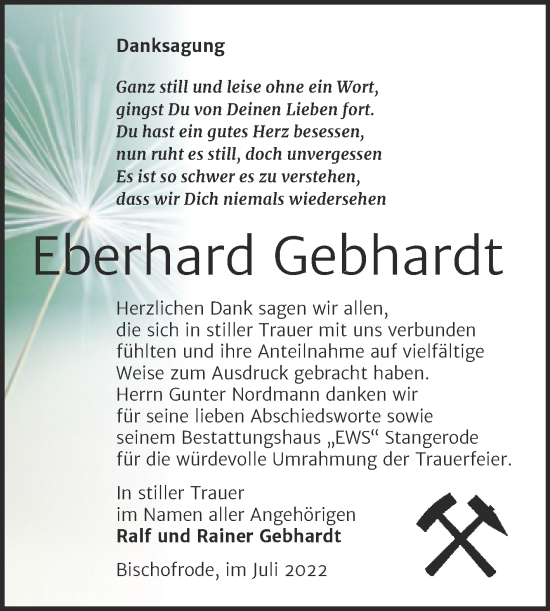Traueranzeige von Eberhard Gebhardt von Trauerkombi Mansfelder Land