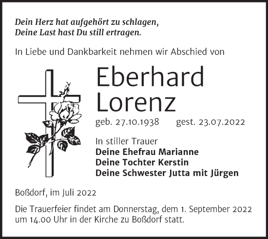 Traueranzeige von Eberhard Lorenz von Trauerkombi Wittenberg