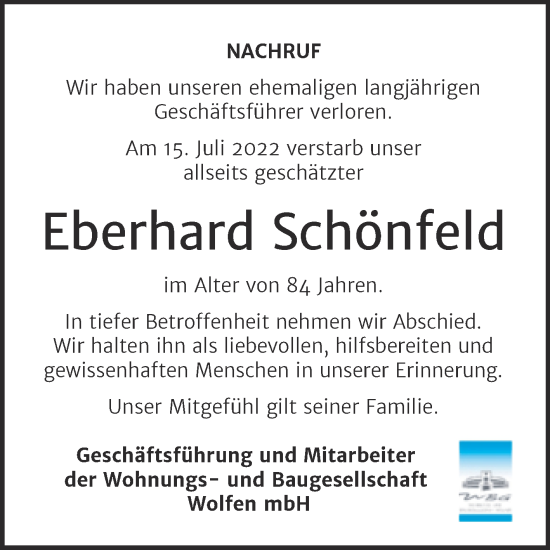Traueranzeige von Eberhard Schönfeld von Wochenspiegel Bitterfeld