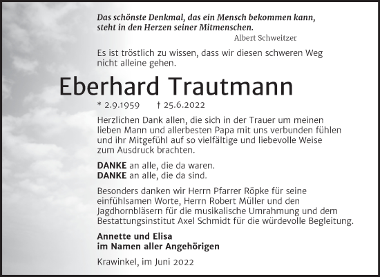 Traueranzeige von Eberhard Trautmann von Wochenspiegel Naumburg/Nebra