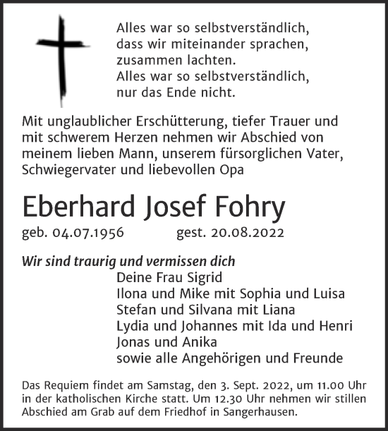 Traueranzeige von Eberhard Josef Fohry von Mitteldeutsche Zeitung Sangerhausen