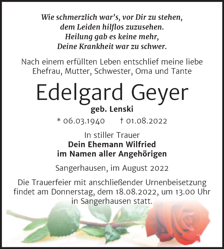  Traueranzeige für Edelgard Geyer vom 13.08.2022 aus Trauerkombi Sangerhausen