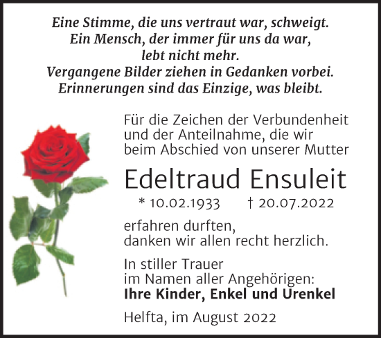 Traueranzeige von Edeltraud Ensuleit von Trauerkombi Mansfelder Land