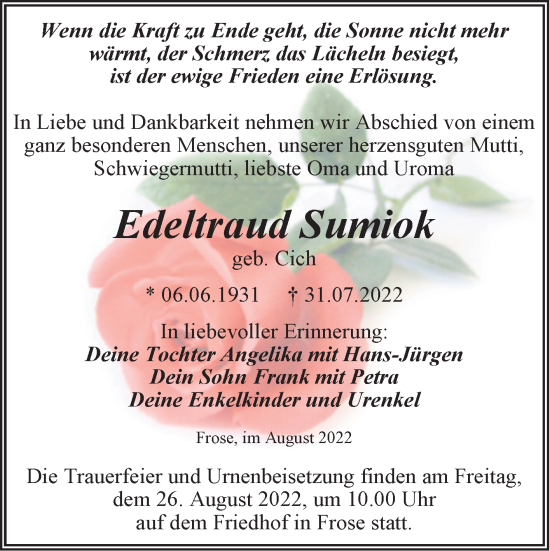 Traueranzeige von Edeltraud Sumiok von Trauerkombi Aschersleben