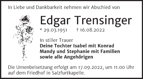 Traueranzeige von Edgar Trensinger von Trauerkombi Bitterfeld