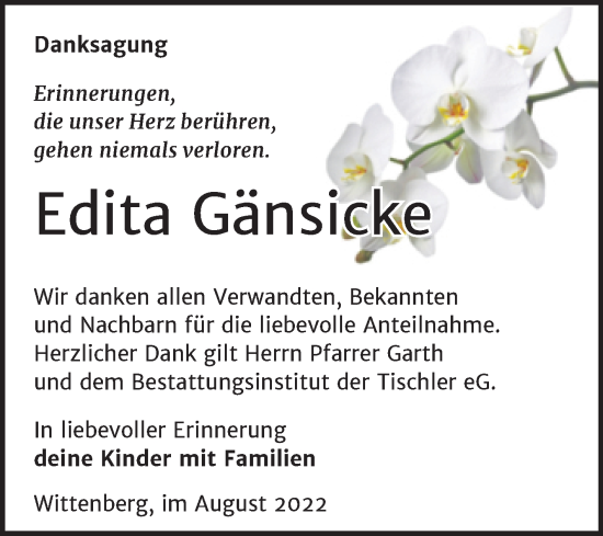 Traueranzeige von Edita Gänsicke von Trauerkombi Wittenberg