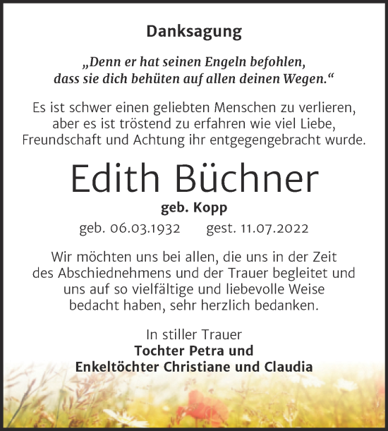 Traueranzeige von Edith Büchner von Trauerkombi Bitterfeld