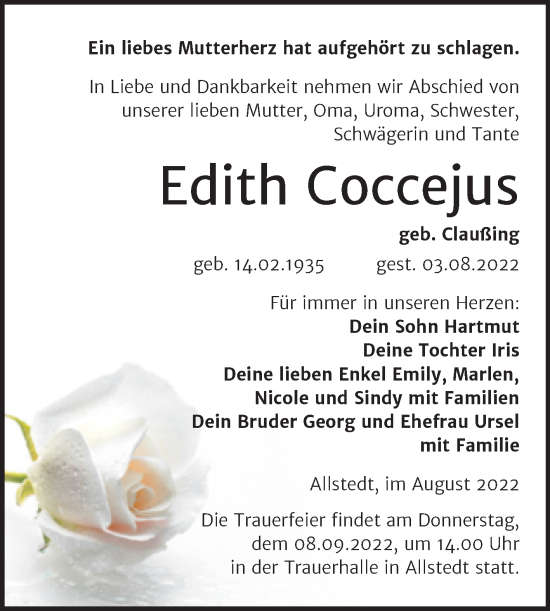 Traueranzeige von Edith Coccejus von Trauerkombi Sangerhausen