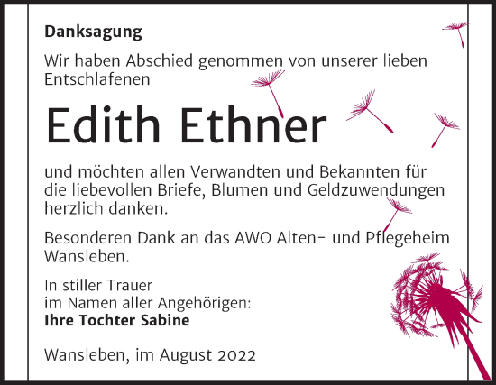 Traueranzeige von Edith Ethner von Trauerkombi Mansfelder Land