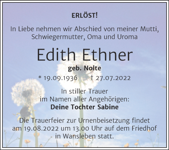 Traueranzeige von Edith Ethner von Trauerkombi Mansfelder Land