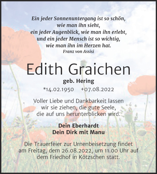Traueranzeige von Edith Graichen von Trauerkombi Merseburg