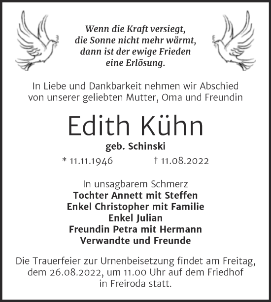 Traueranzeige von Edith Kühn von Wochenspiegel Naumburg/Nebra