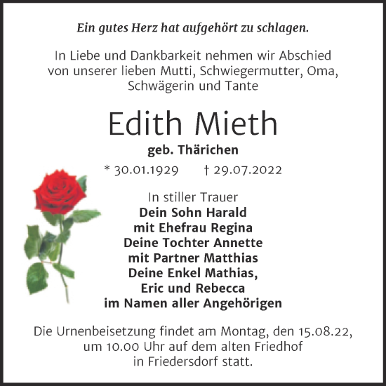 Traueranzeige von Edith Mieth von Trauerkombi Bitterfeld