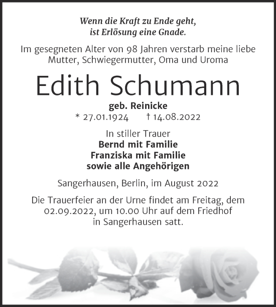 Traueranzeige von Edith Schumann von Trauerkombi Sangerhausen