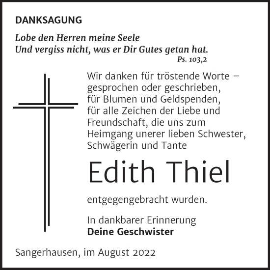 Traueranzeige von Edith Thiel von Trauerkombi Sangerhausen