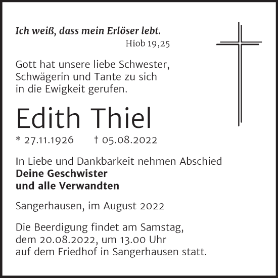Traueranzeige von Edith Thiel von Trauerkombi Sangerhausen