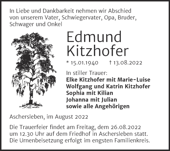 Traueranzeige von Edmund Kitzhofer von Trauerkombi Aschersleben