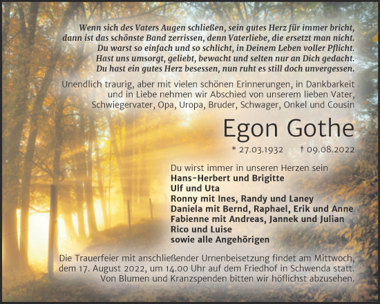 Traueranzeige von Egon Gothe von Trauerkombi Sangerhausen