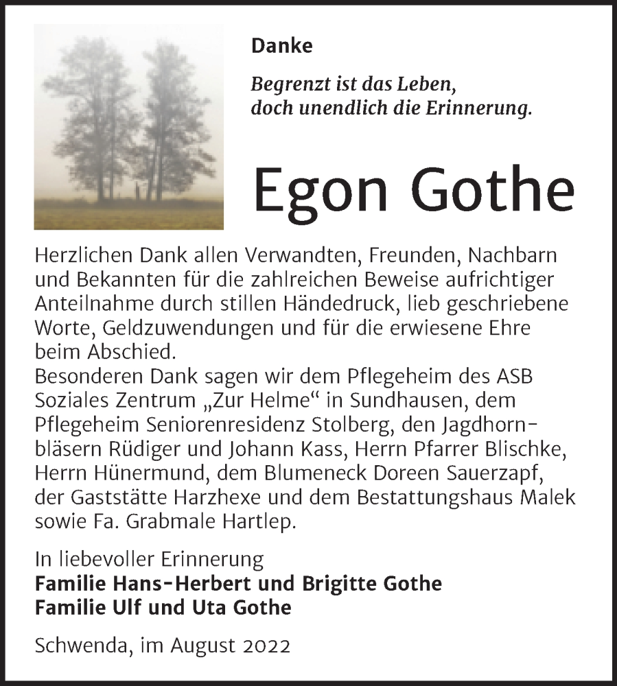  Traueranzeige für Egon Gothe vom 27.08.2022 aus Trauerkombi Sangerhausen
