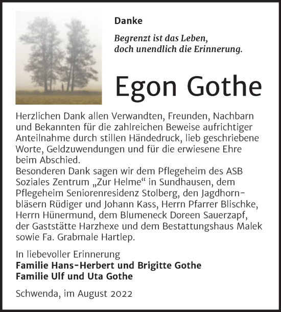 Traueranzeige von Egon Gothe von Trauerkombi Sangerhausen