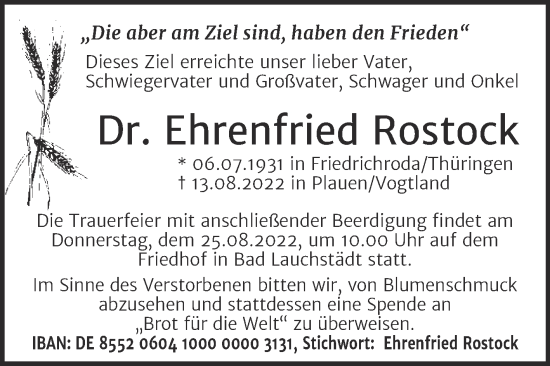 Traueranzeige von Ehrenfried Rostock von Trauerkombi Merseburg