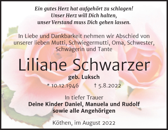 Traueranzeige von Eiliane Schwarzer von Trauerkombi Köthen