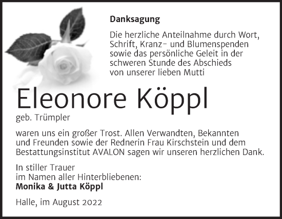 Traueranzeige von Eleonore Köppl von Mitteldeutsche Zeitung Halle/Saalkreis