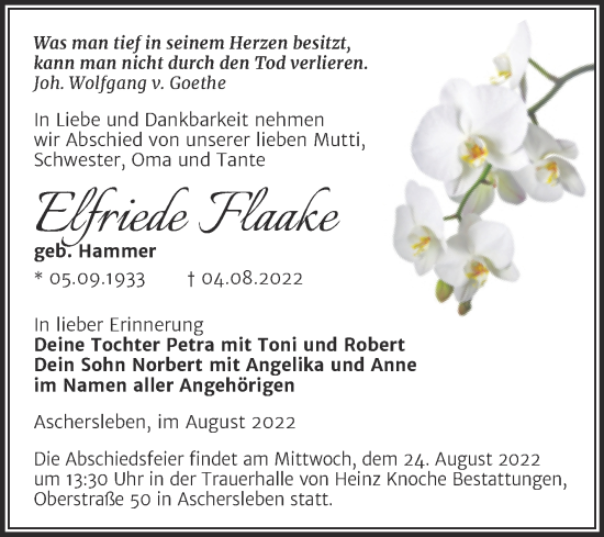Traueranzeige von Elfriede Flaake von Trauerkombi Aschersleben