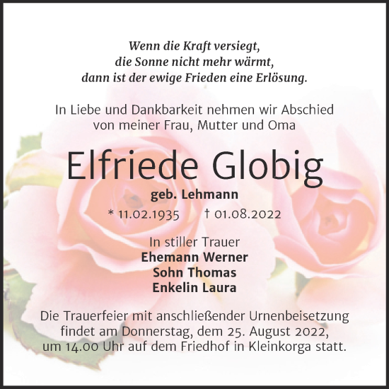 Traueranzeige von Elfriede Globig von Trauerkombi Wittenberg