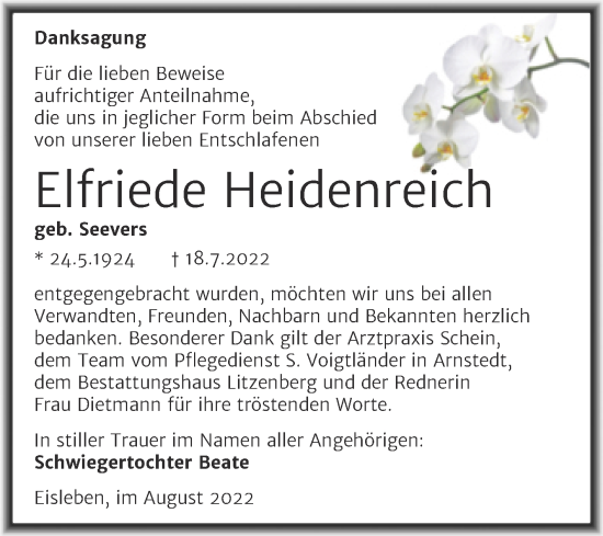 Traueranzeige von Elfriede Heidenreich von Trauerkombi Mansfelder Land