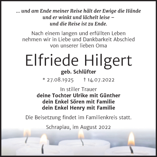 Traueranzeige von Elfriede Hilgert von Trauerkombi Mansfelder Land