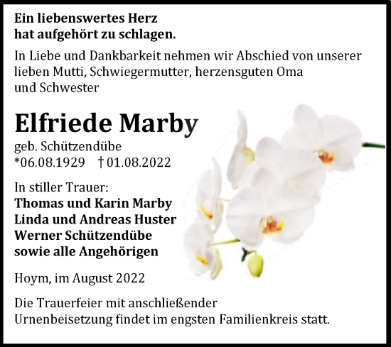 Traueranzeige von Elfriede Marby von Trauerkombi Aschersleben
