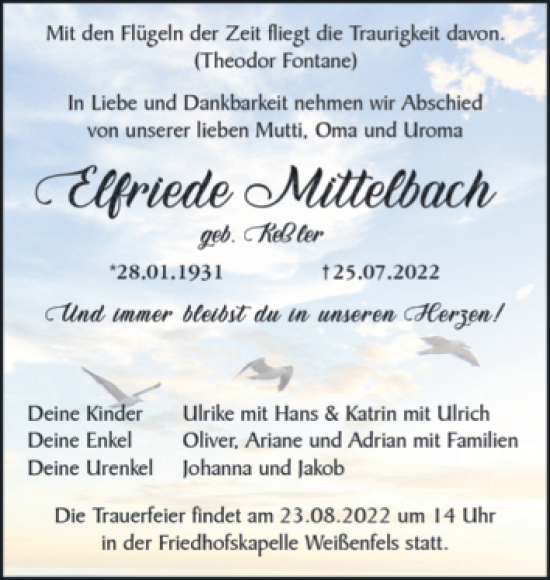Traueranzeige von Elfriede Mittelbach von Trauerkombi Weißenfels