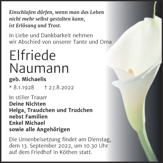 Traueranzeige von Elfriede Naumann von Trauerkombi Köthen
