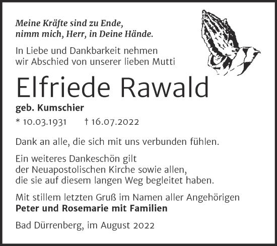 Traueranzeige von Elfriede Rawald von Trauerkombi Merseburg