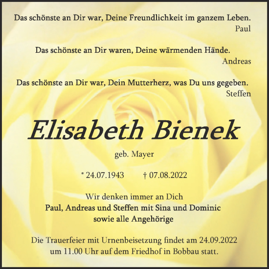 Traueranzeige von Elisabeth Bienek von Trauerkombi Bitterfeld