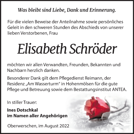 Traueranzeige von Elisabeth Schröder von Trauerkombi Weißenfels