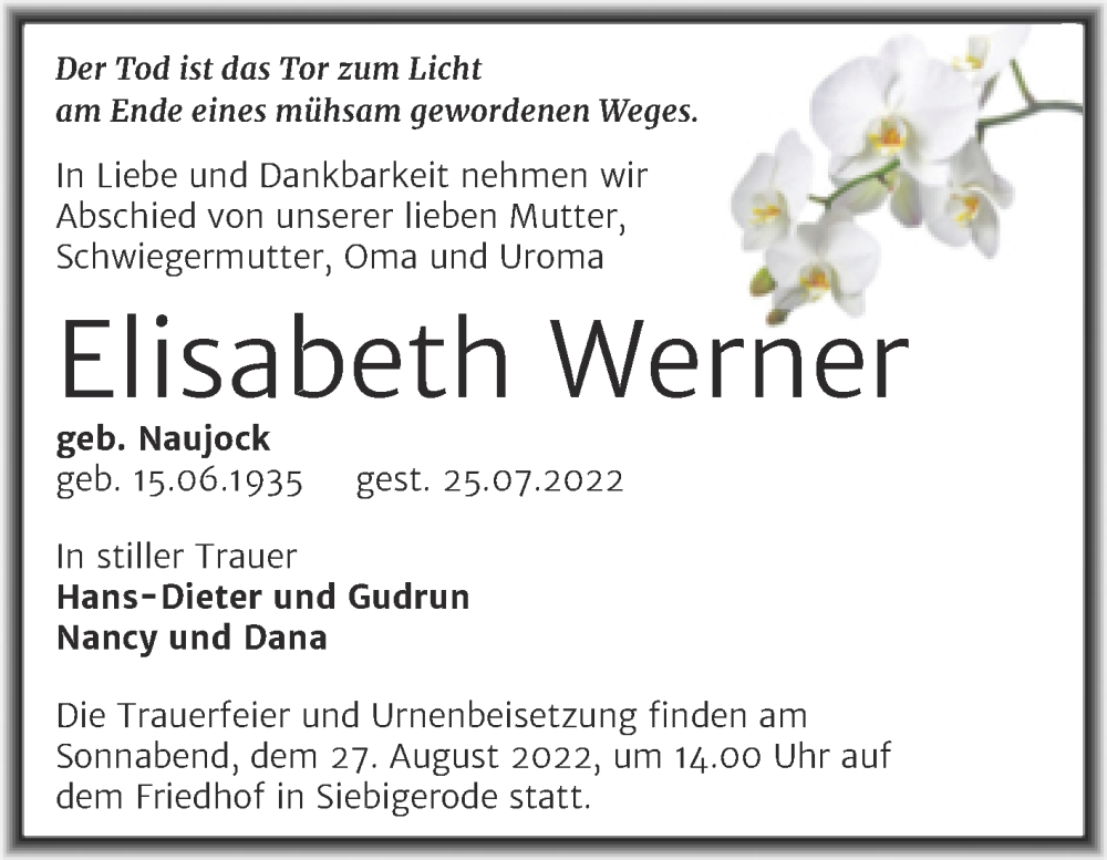 Traueranzeige für Elisabeth Werner vom 06.08.2022 aus Trauerkombi Mansfelder Land