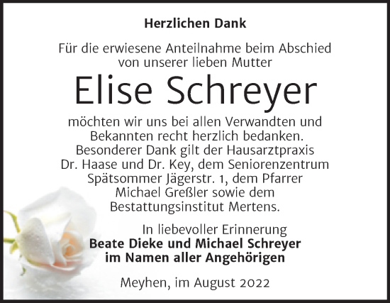 Traueranzeige von Elise Schreyer von Wochenspiegel Naumburg/Nebra