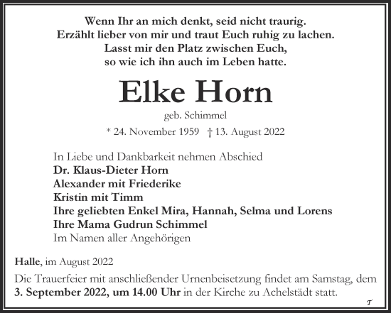 Traueranzeige von Elke Horn von Mitteldeutsche Zeitung Halle/Saalkreis