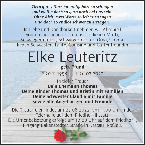 Traueranzeige von Elke Leuteritz von Trauerkombi Dessau
