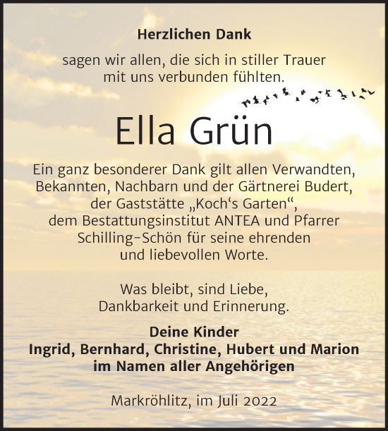 Traueranzeige von Ella Grün von Trauerkombi Weißenfels