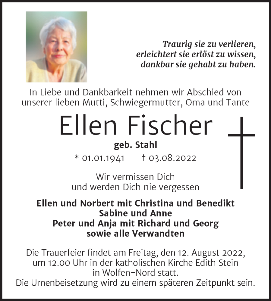  Traueranzeige für Ellen Fischer vom 06.08.2022 aus Trauerkombi Bitterfeld