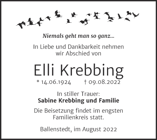 Traueranzeige von Elli Krebbing von Super Sonntag Quedlingburg