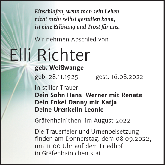 Traueranzeige von Elli Richter von Trauerkombi Wittenberg