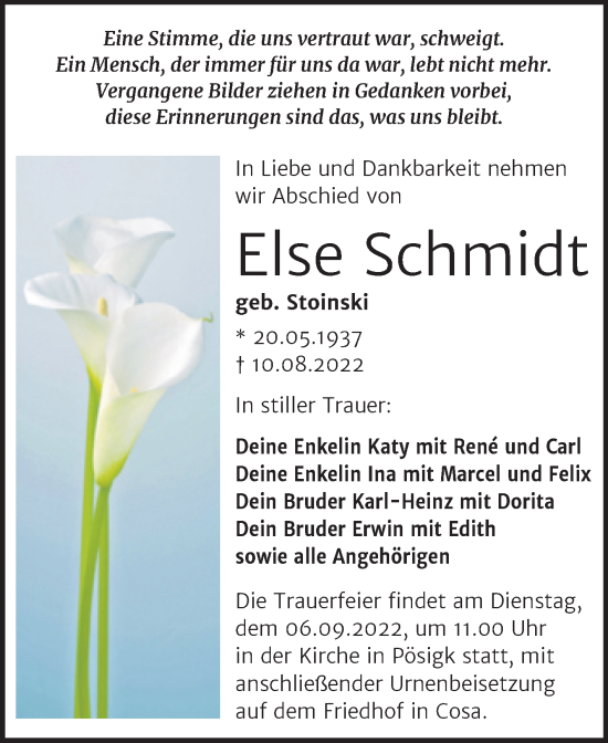 Traueranzeige von Else Schmidt von Trauerkombi Köthen
