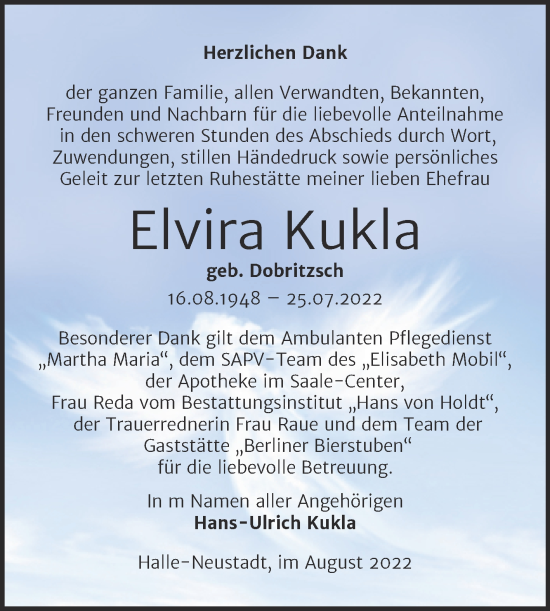 Traueranzeige von Elvira Kukla von Mitteldeutsche Zeitung Halle/Saalkreis